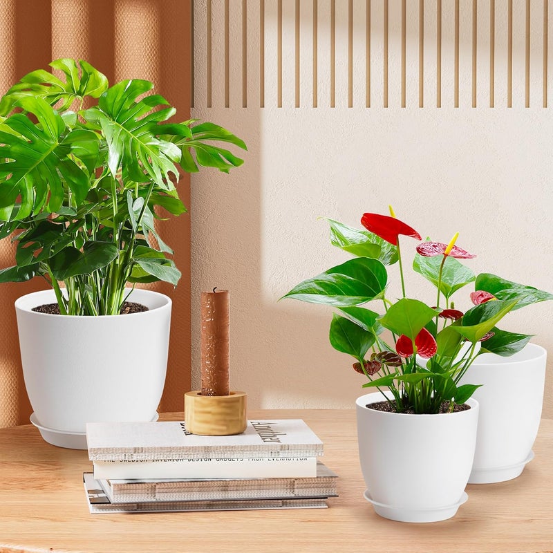 FHWTY Store أصص نباتات بلاستيكية 9/8/7.5 بوصة مجموعة من 3، أصص داخلية مع فتحات تصريف وصينية، أصص زهور بلاستيكية سميكة للنباتات والزهور الداخلية والخارجية، بيضاء - Image 4